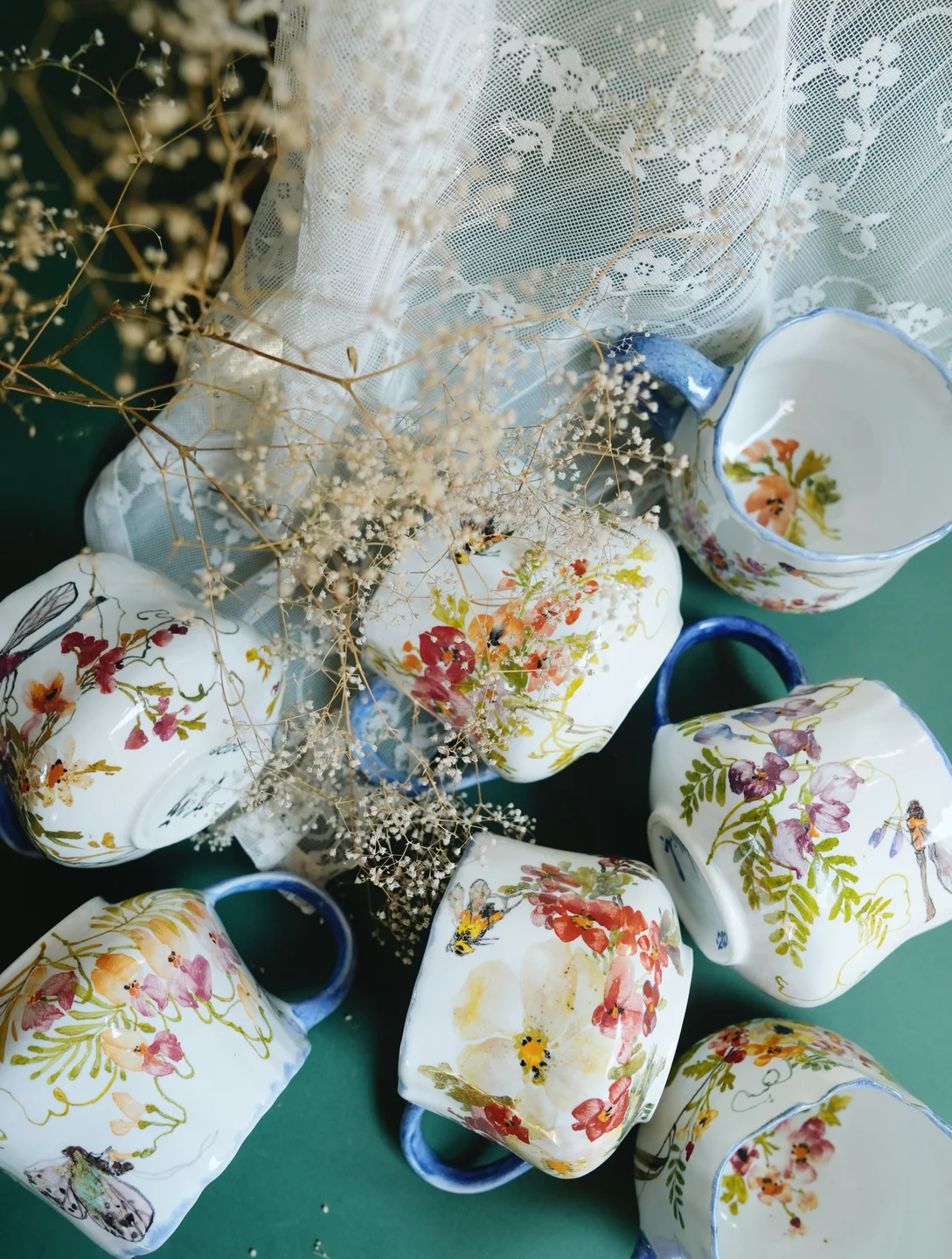Porcelain mug, Summer porcelain pot with flowers and insects, housewarming gift, new home decor — view 5 • Jane and Mery