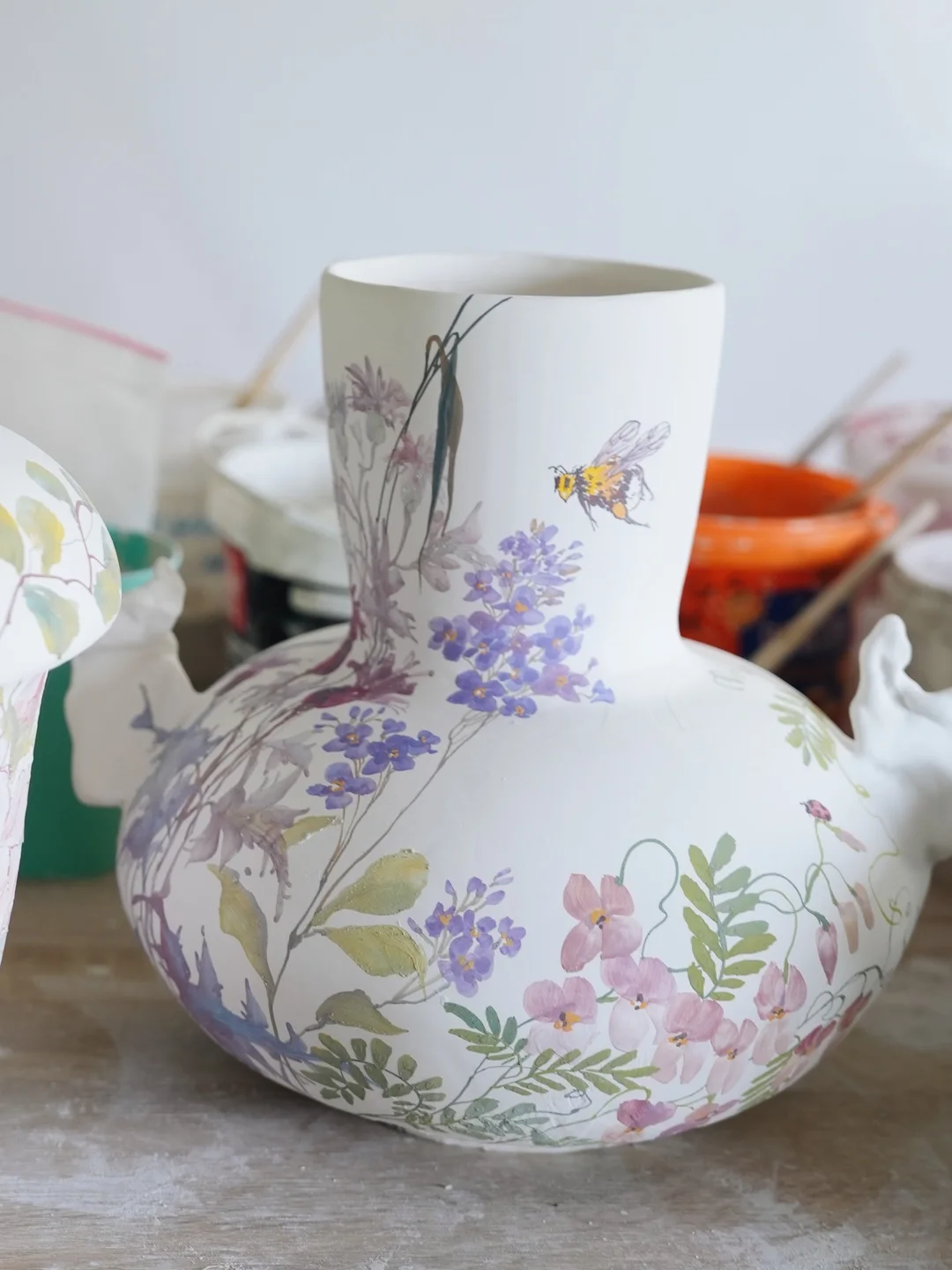 Porcelain vase with protea flower, artisan ceramic vase, housewarming gift, new home decor — view 2 • Jane and Mery