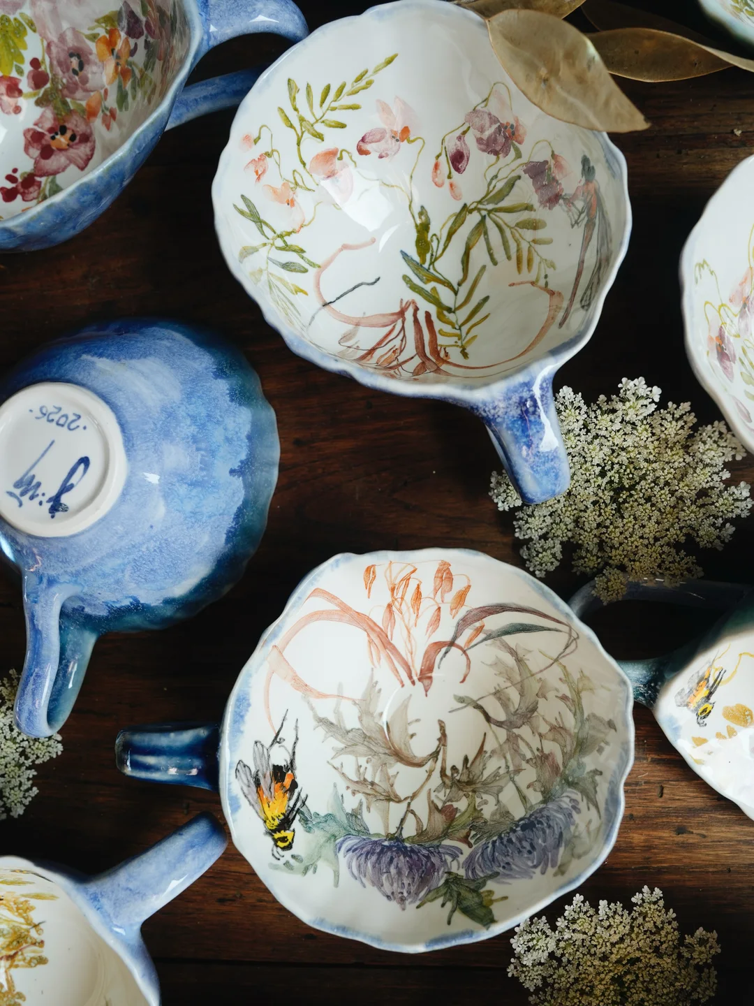 Porcelain mug, Curly porcelain pot with insects and herbs, housewarming gift, new home decor — view 3 • Jane and Mery