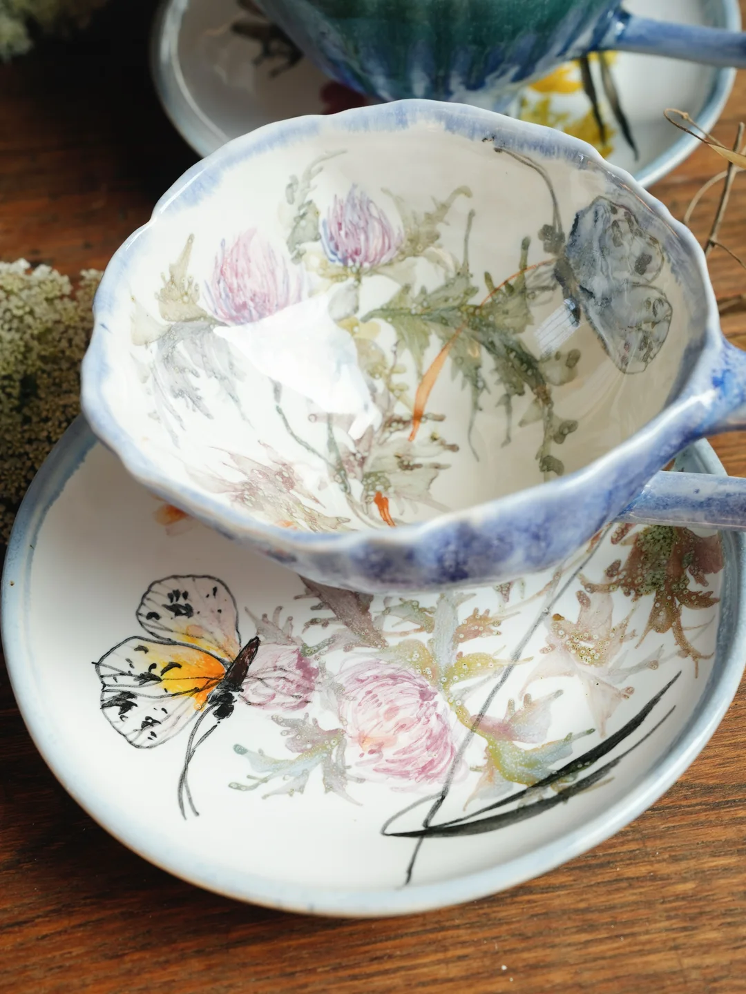 Porcelain mug, Curly porcelain pot with insects and herbs, housewarming gift, new home decor — view 4 • Jane and Mery
