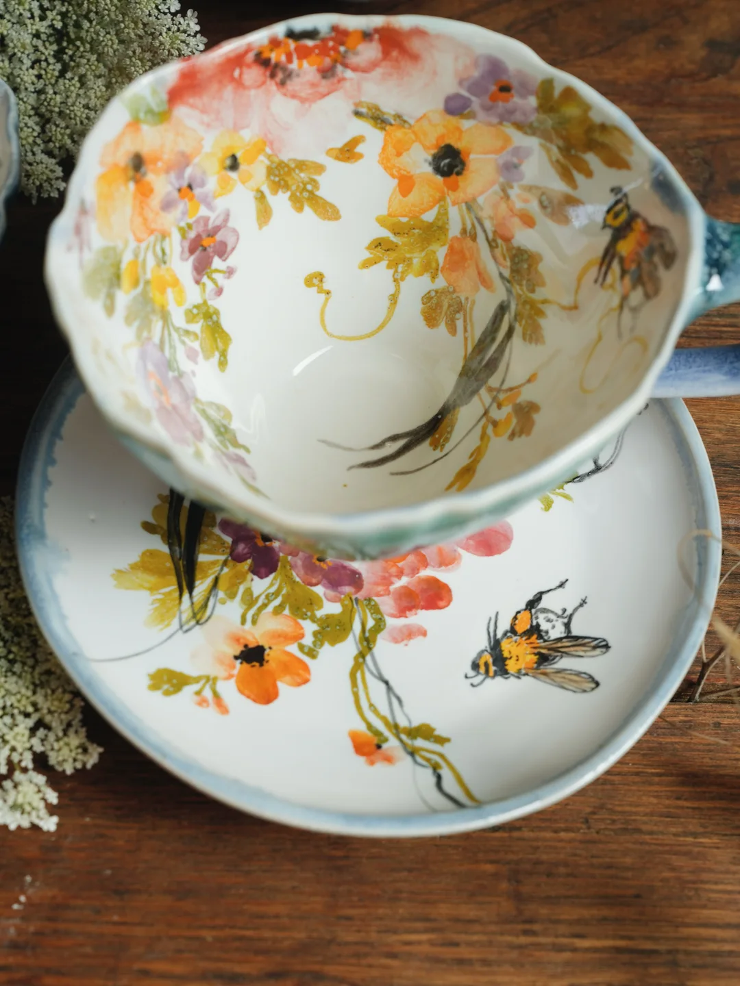 Porcelain mug, Curly porcelain pot with insects and herbs, housewarming gift, new home decor — view 6 • Jane and Mery