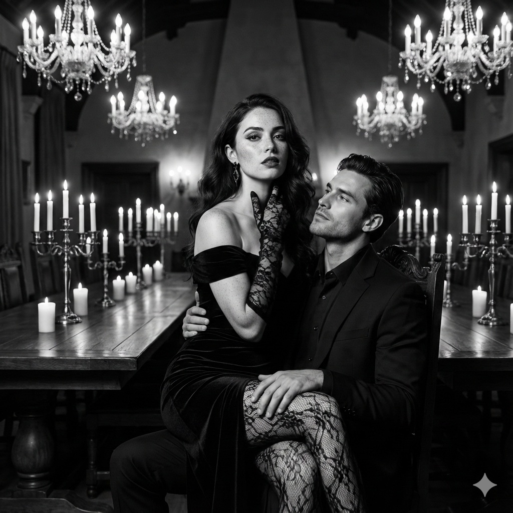 Create a gothic Elegant Black-and-White Ballroom Portrait