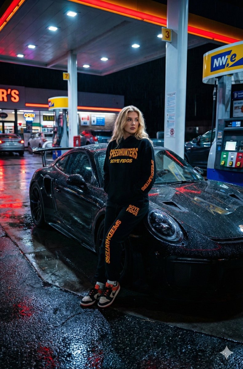 Create a night Gas Station Porsche Portrait