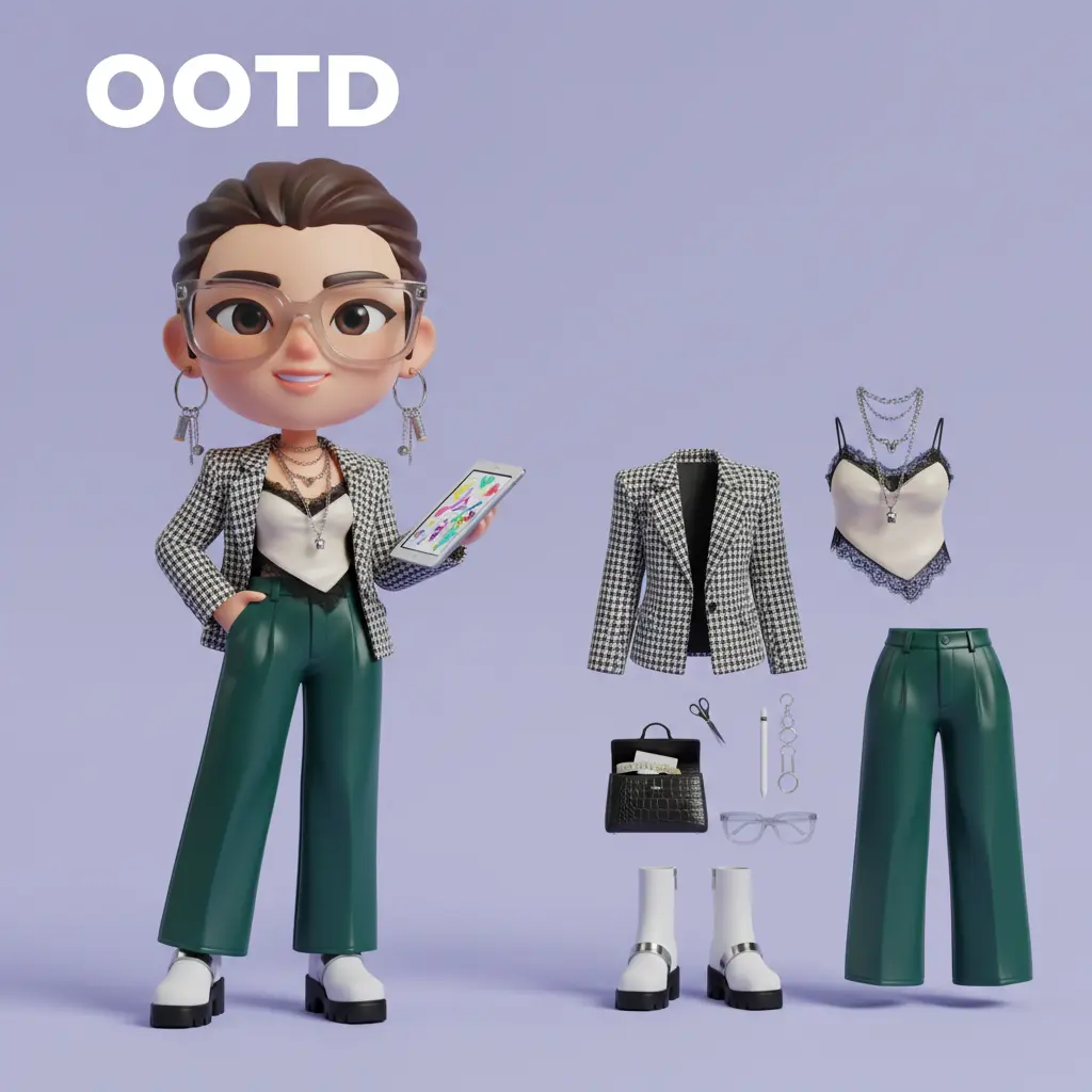 Create a chibi Fashion Designer OOTD Breakdown