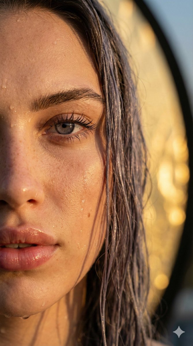 Create a golden Hour Wet-Skin Close-Up Portrait