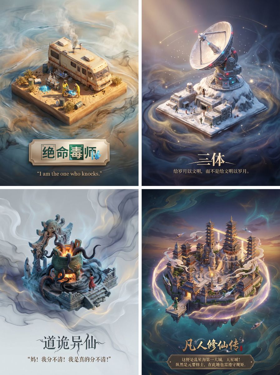 Create a 3D Isometric Drama Scene Poster