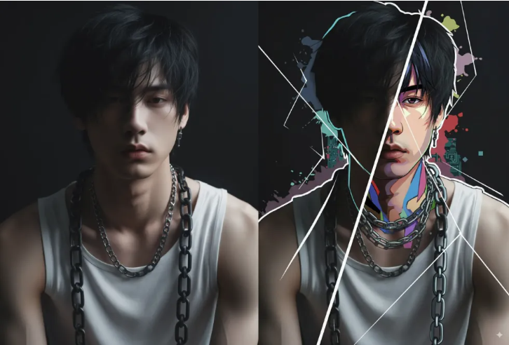 Create a split-Style Cyberpunk Anime Transformation