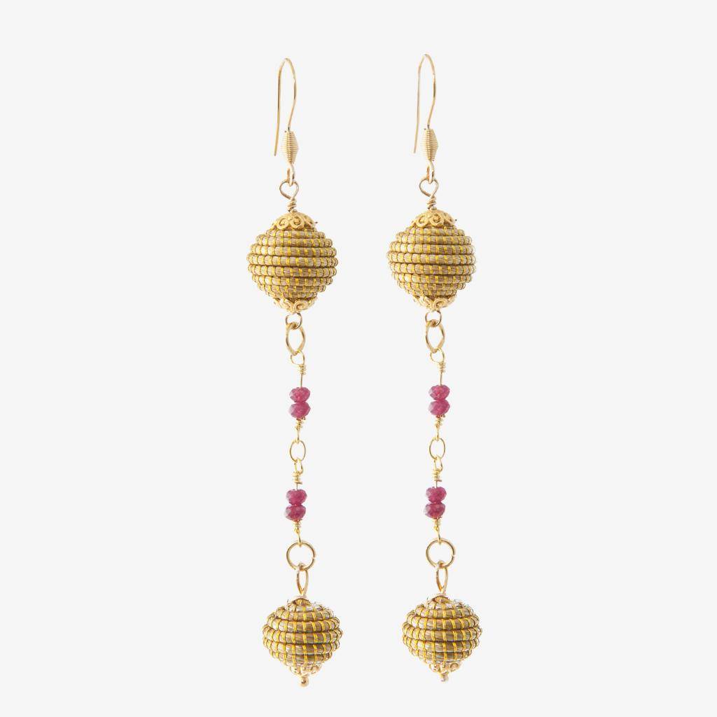 Isabel Earrings in Big ruby — golden grass jewelry designed by Orit, handwoven in the Cerrado, Oroboros