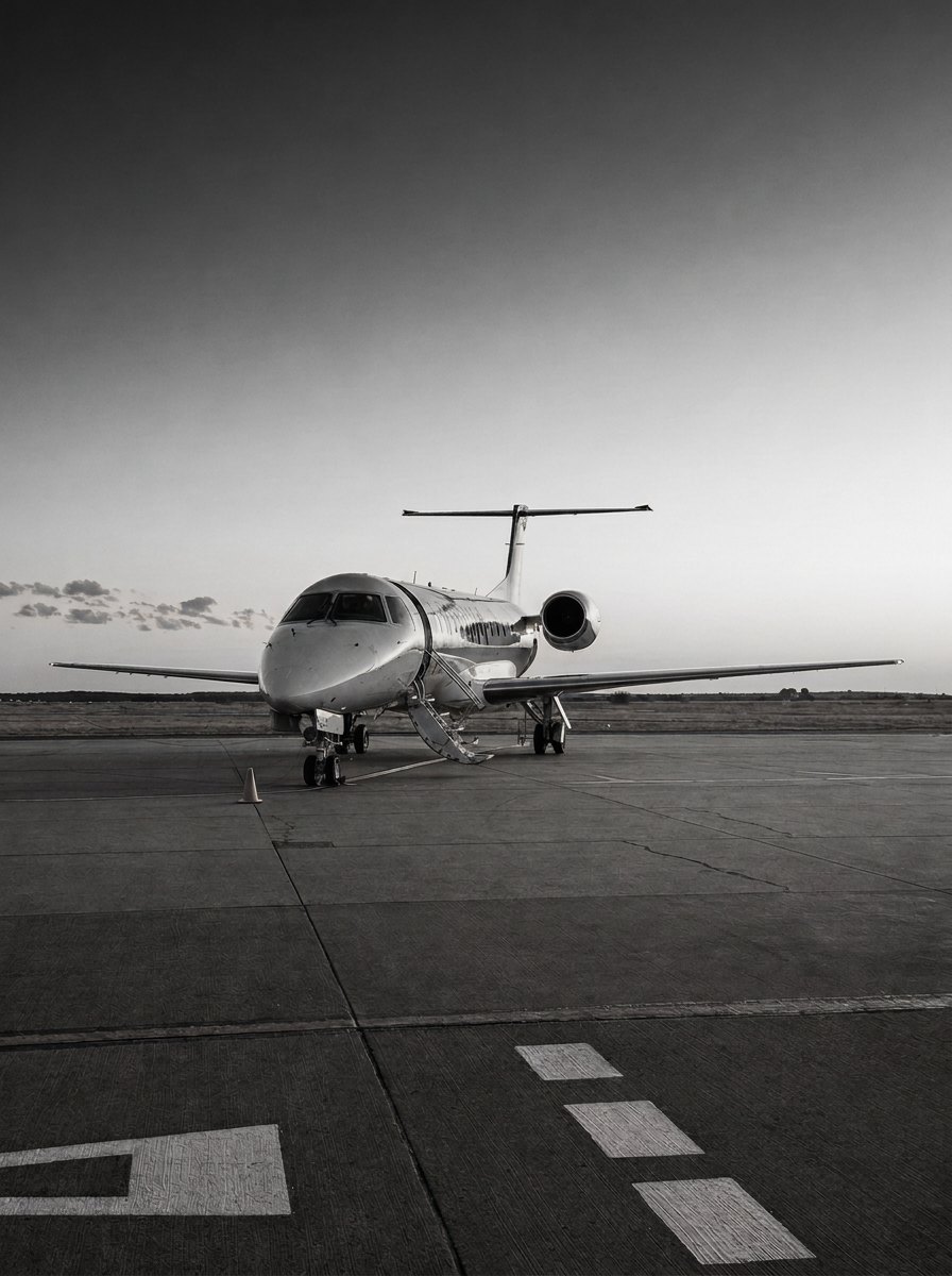 Black-and-white photograph of a private jet parked on a quiet apron at dusk, airstair lowered, a single figure walking t