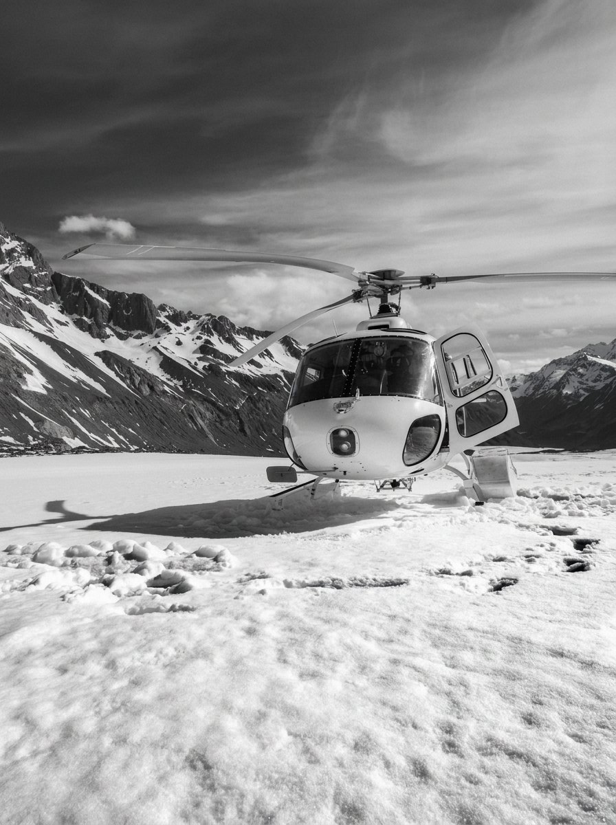 Black-and-white photograph of a helicopter on a snow-covered Alpine landing pad with mountain peaks behind, conveying a