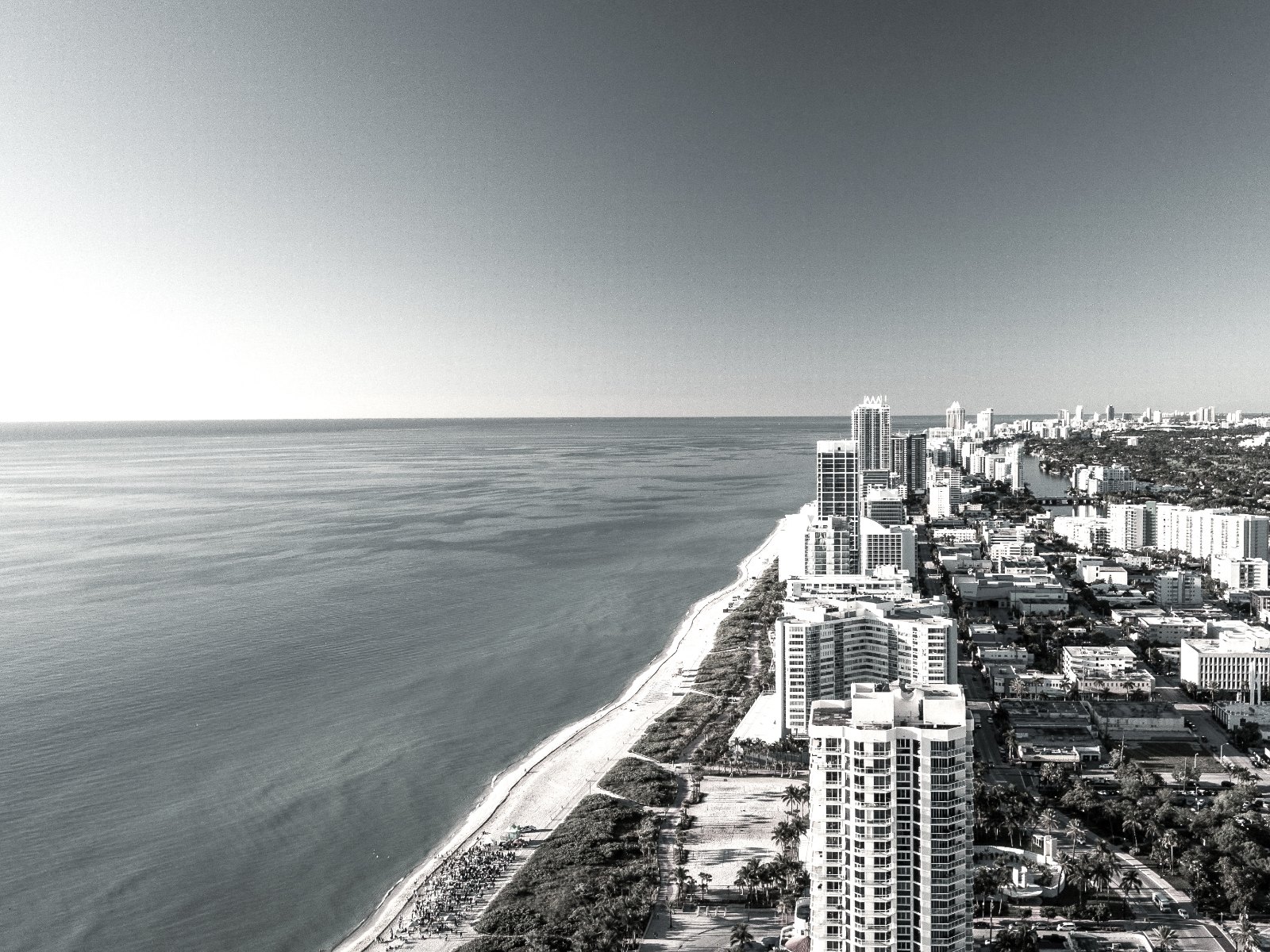 Aerial view of the Miami Beach coastline and high-rise waterfront