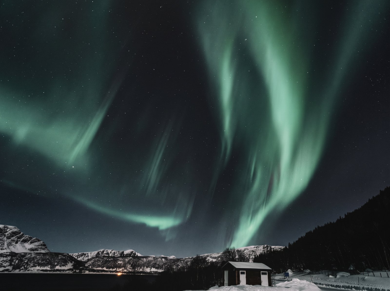 Black-and-white photograph of glass igloos at night in snow-laden Finnish Lapland, faint aurora overhead, soft interior