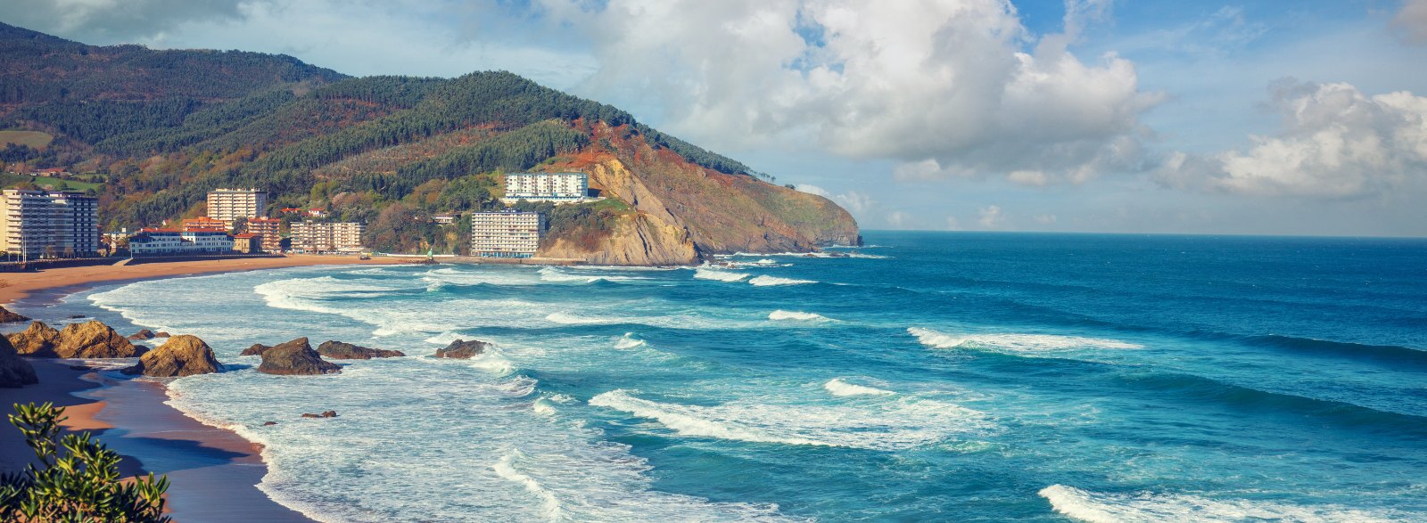 Coastal town below a wooded headland with surf rolling onto a beach