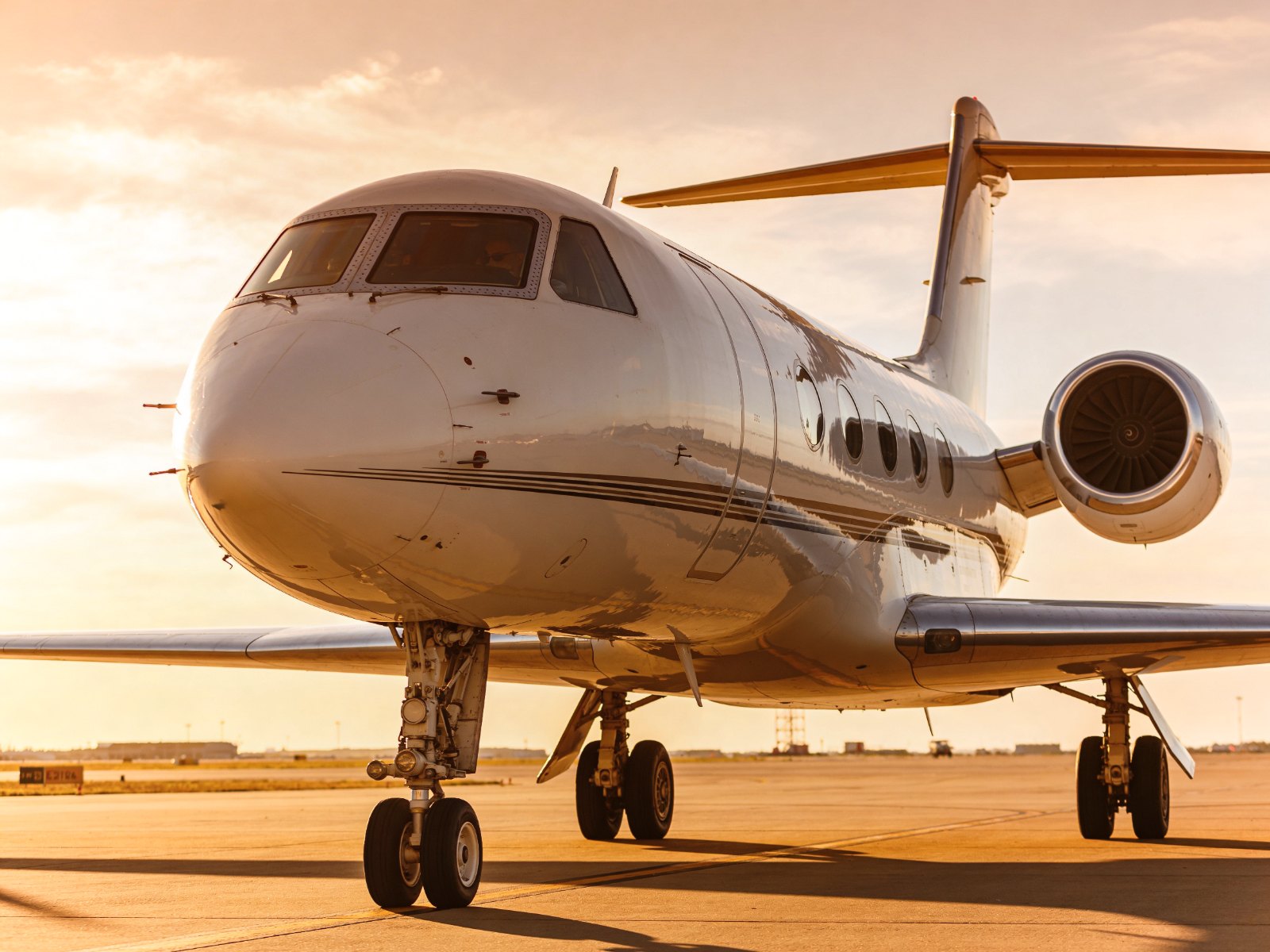 Business jet on the apron in warm low sunlight