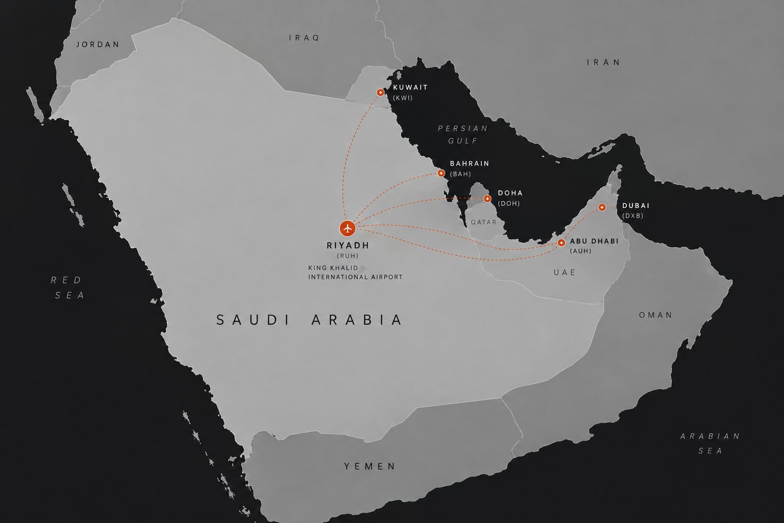 Monochrome map of the Arabian Peninsula marking Riyadh's King Khalid International Airport, with dashed indicative routes to Kuwait, Bahrain, Doha, Abu Dhabi and Dubai.