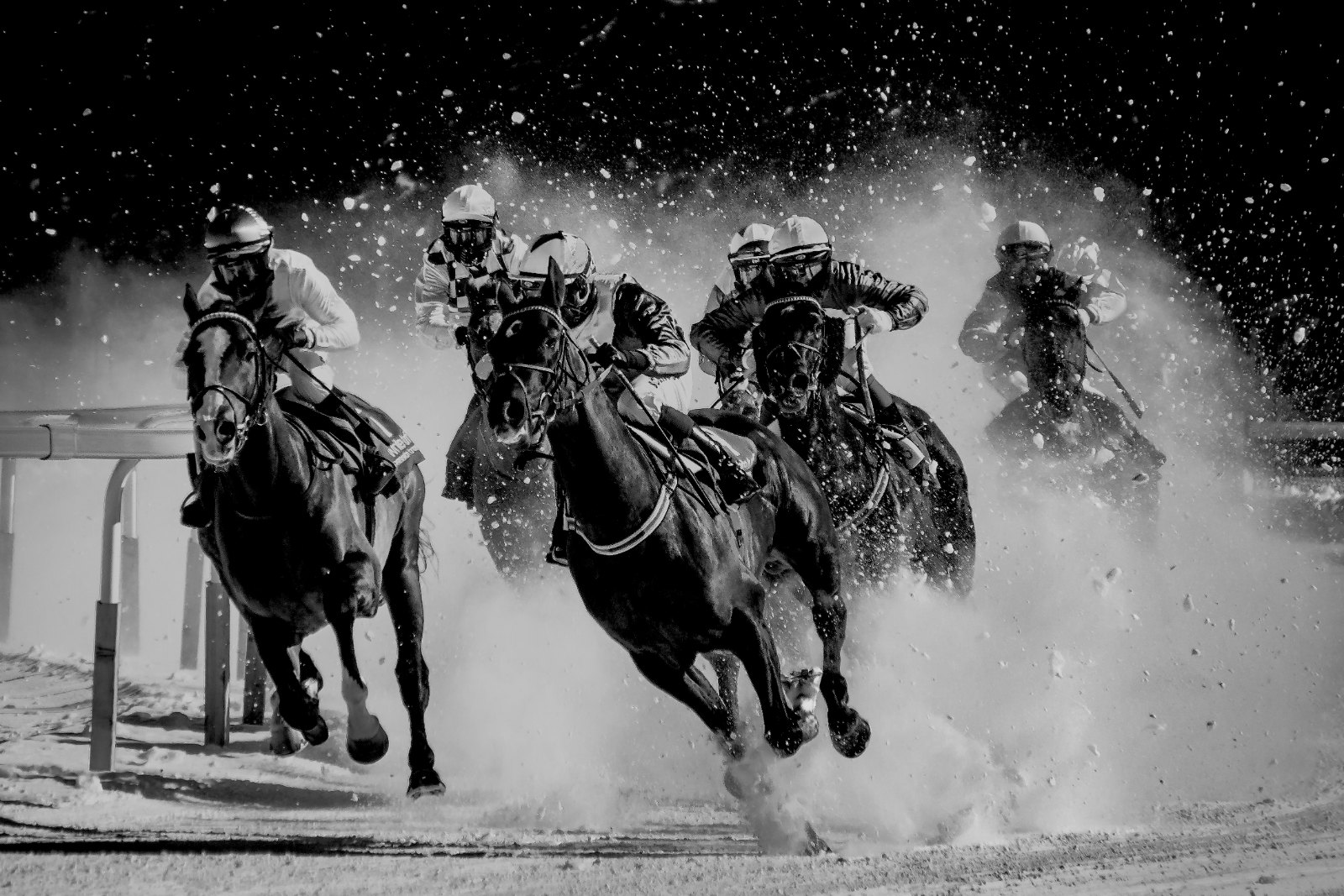 Black-and-white action photograph of snow polo on the frozen lake: ponies mid-gallop, snow kicked up, players' mallets raised, spectators blurred in the background.
