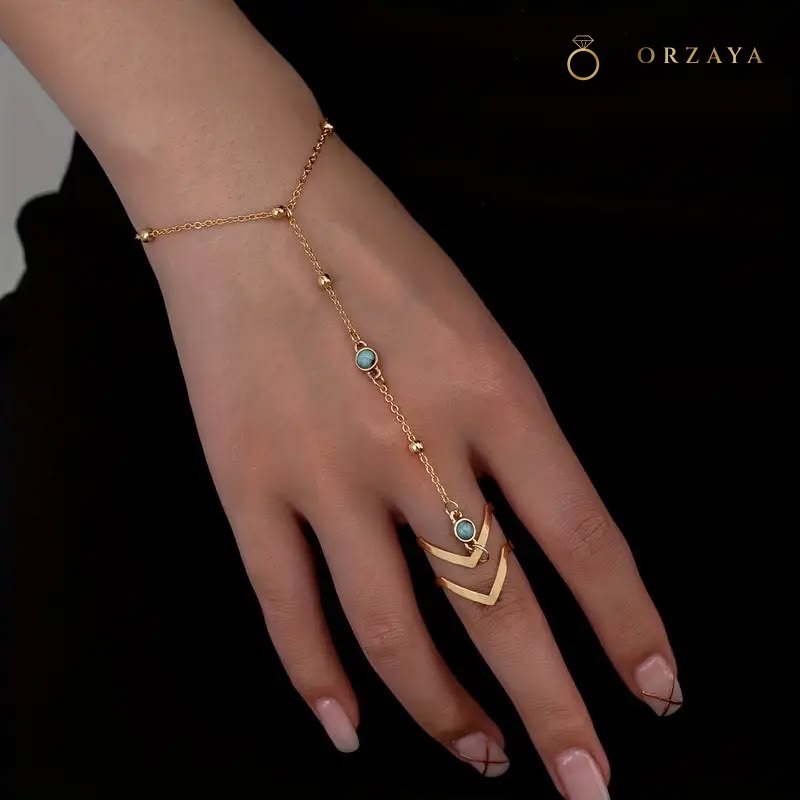 Turquoise Beaded Hand Chain — ring in 316L Stainless Steel