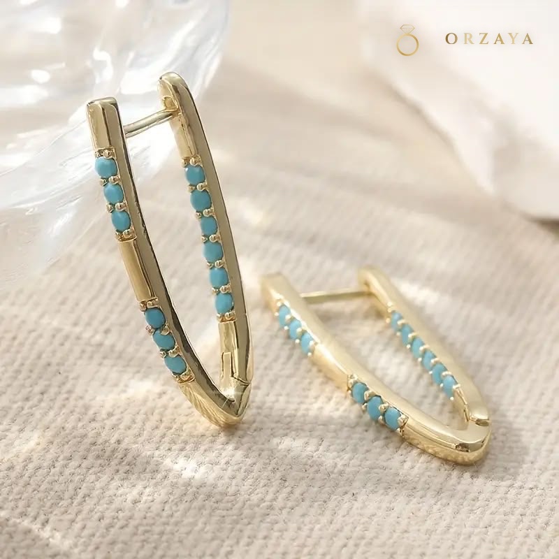 Turquoise Beaded V-Hoop Earrings — earrings in 316L Stainless Steel