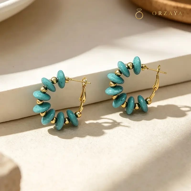 Turquoise Beaded Hoop Earrings — earrings in 316L Stainless Steel