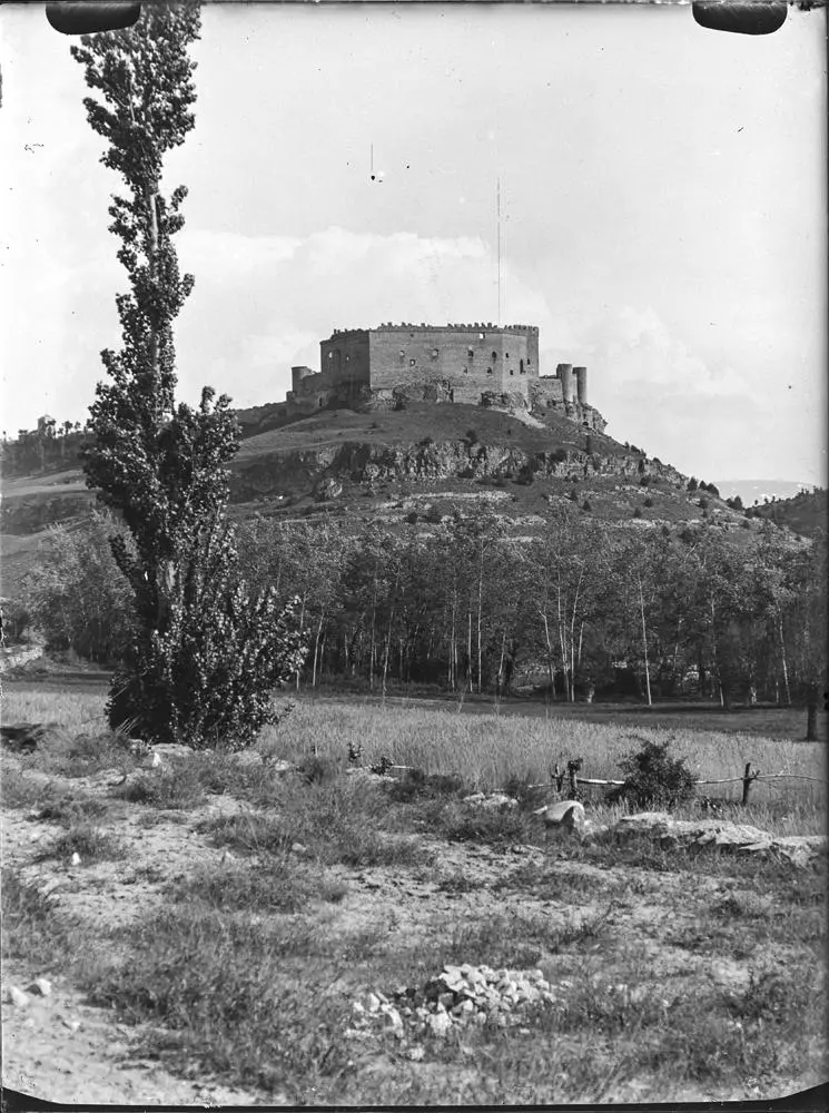 Castillo de Pedraza [Vista del castillo sobre la colina protegido por un muro defensivo. Árbol a la izquierda].