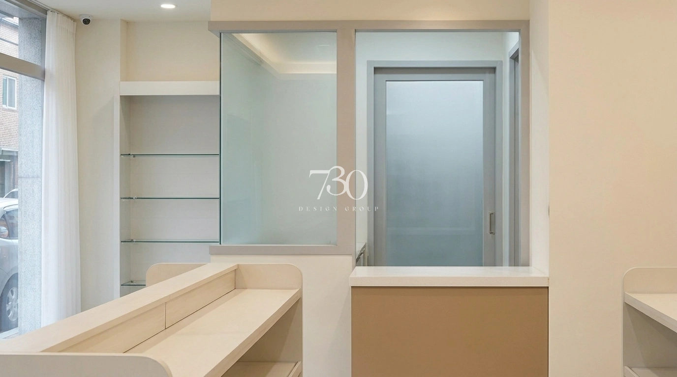 약국 리셉션 공간과 간접 조명 디자인