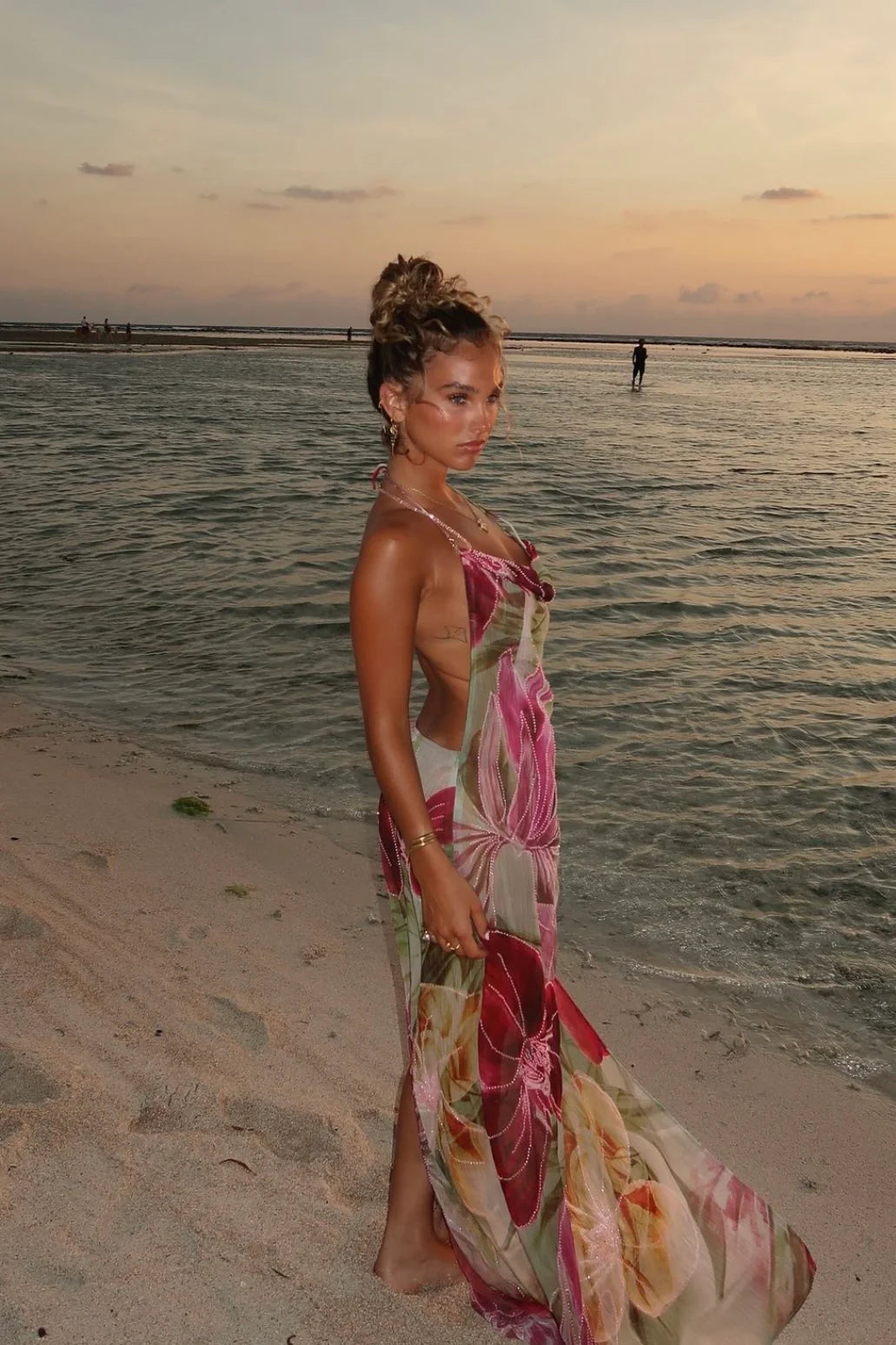 Dahlia Hand-Beaded Backless Chiffon Maxi Dress in Roses