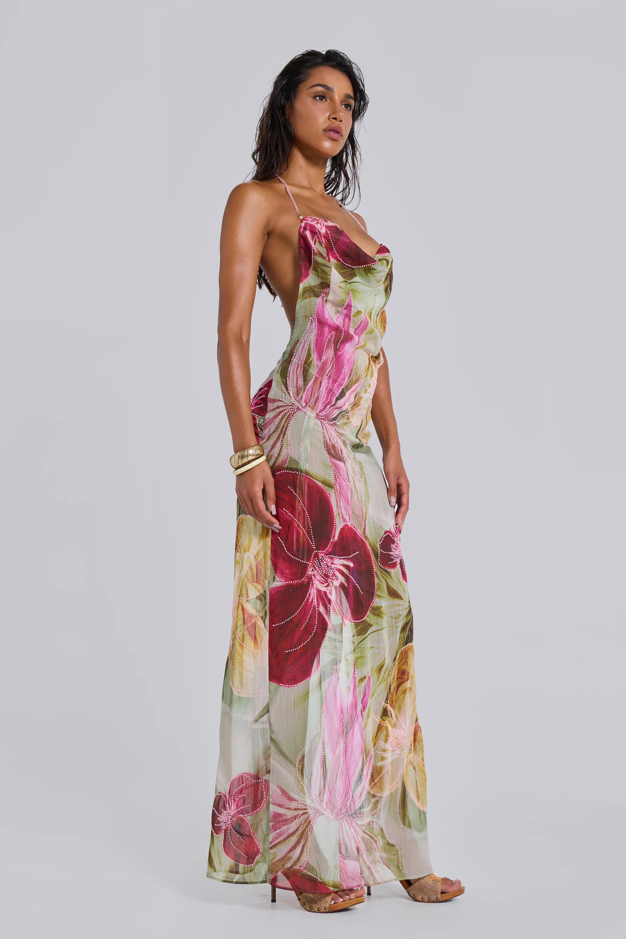 Dahlia Hand-Beaded Backless Chiffon Maxi Dress in Roses 2