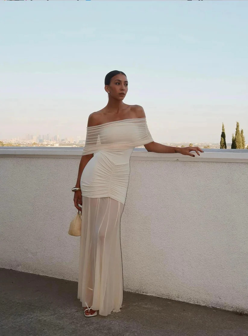 Mesh Off Shoulder Maxi Dress - Ivory