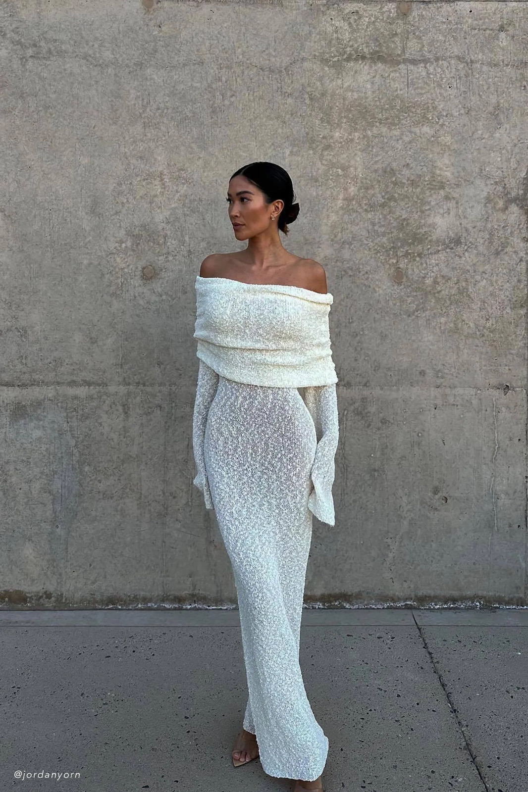 Marisol Off Shoulder Boucle Maxi Dress Ivory 3
