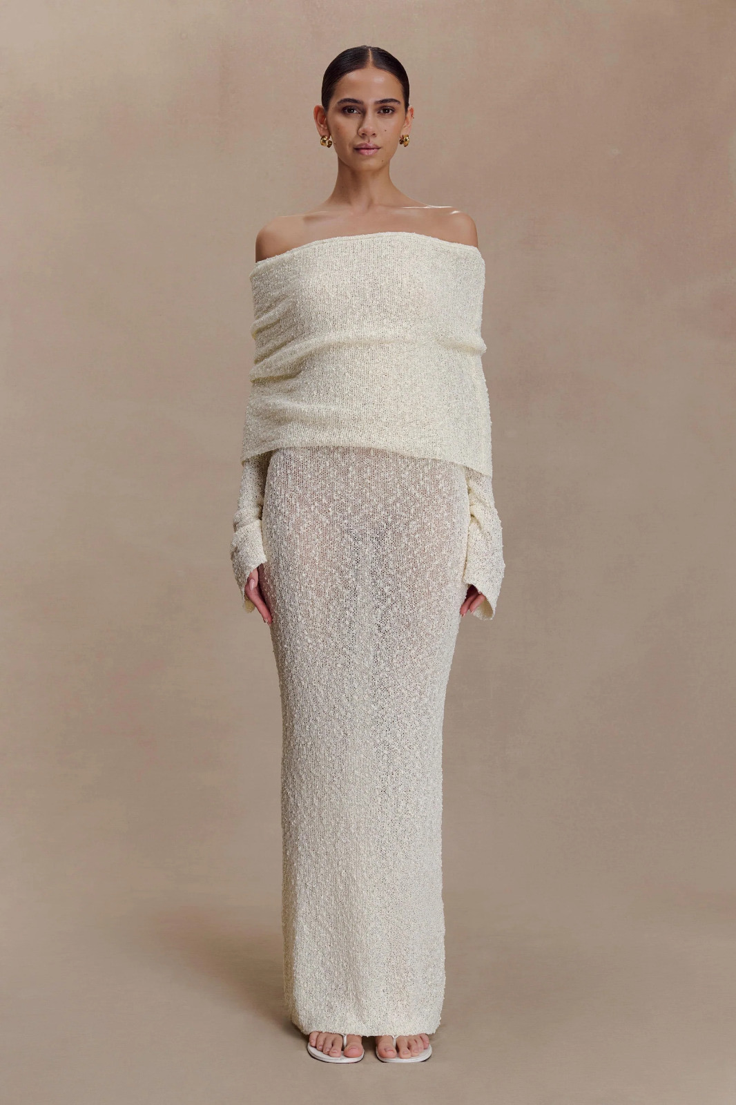 Marisol Off Shoulder Boucle Maxi Dress Ivory 4