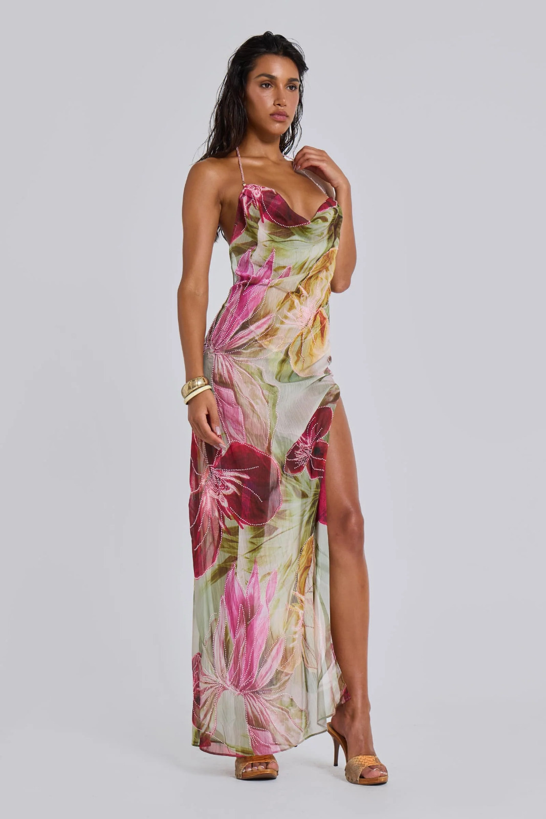Hand-Beaded Backless Chiffon Maxi Dress Rosa