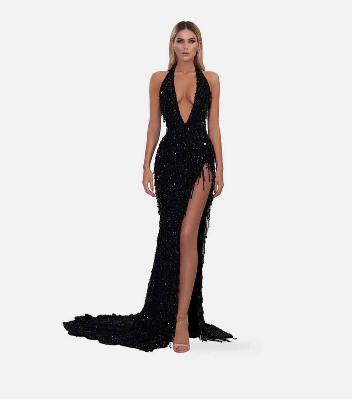 Albina Dyla black beaded halter neck gown🖤