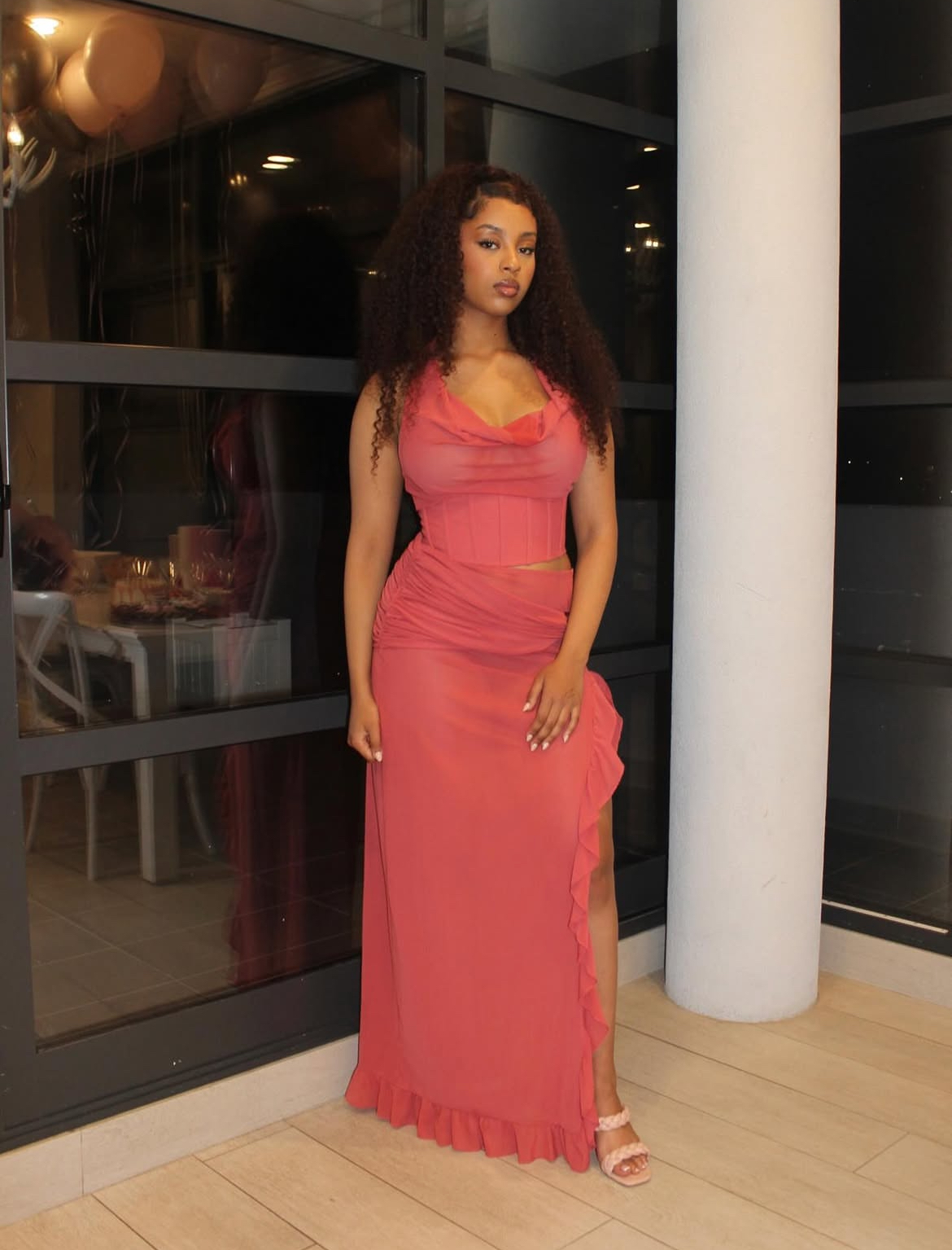 Sodah - Darcy Maxi Skirt Coral | SIZES 8, 12 | HIRE PRICE $40  Sodah - Luminia Corset Top Coral