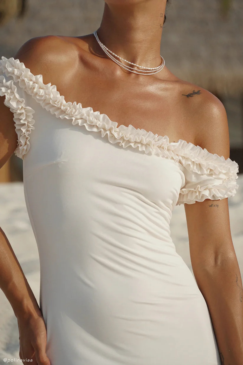 Meshki Arielle Off Shoulder Ruffle Midi Dress - Ivory 2
