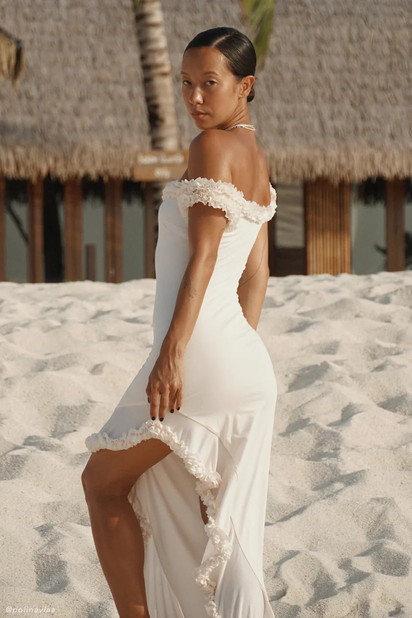 Meshki Arielle Off Shoulder Ruffle Midi Dress - Ivory 3