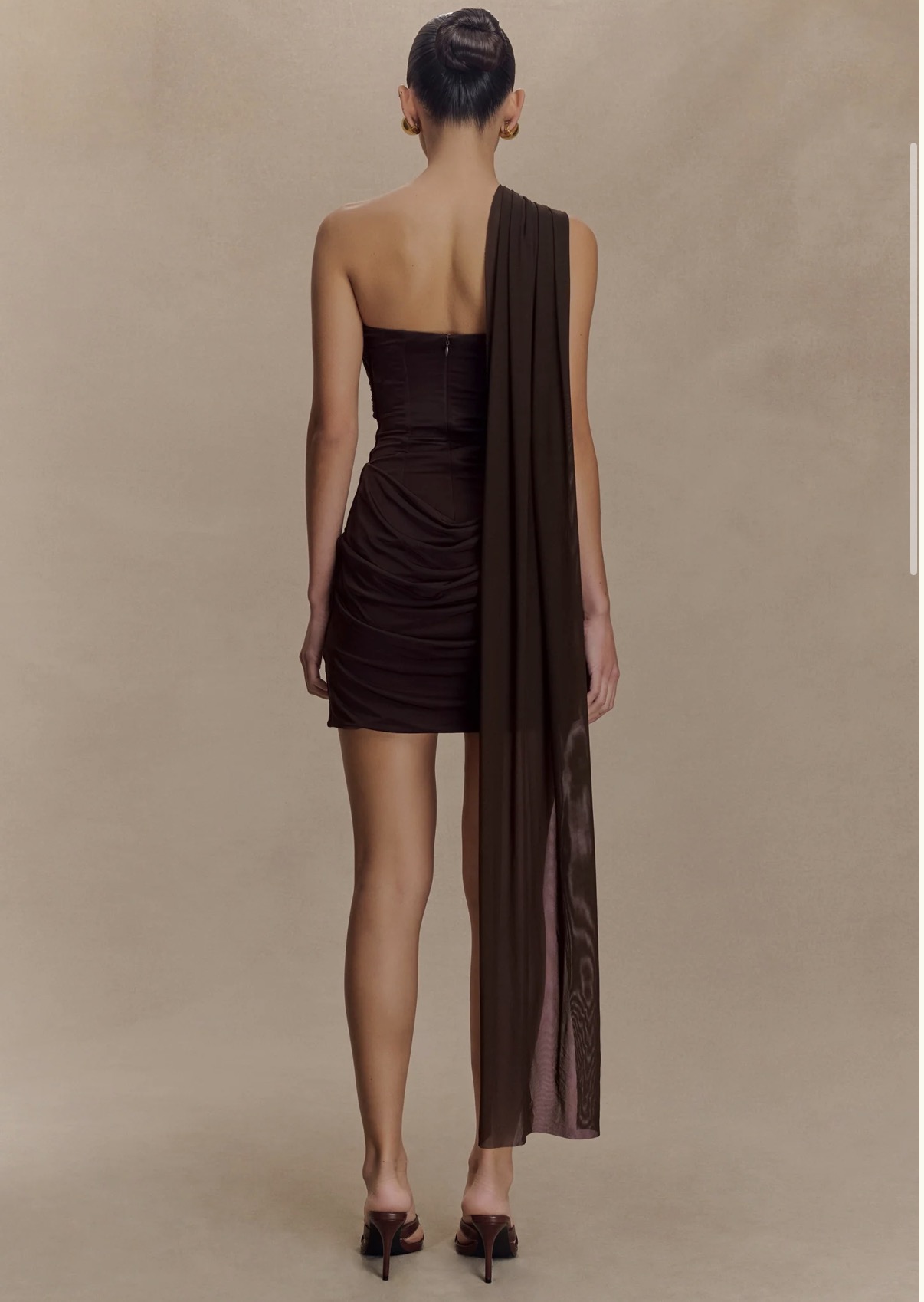 Mattea Slinky And Mesh Mini Dress With Scarf - Dark Chocolate 2