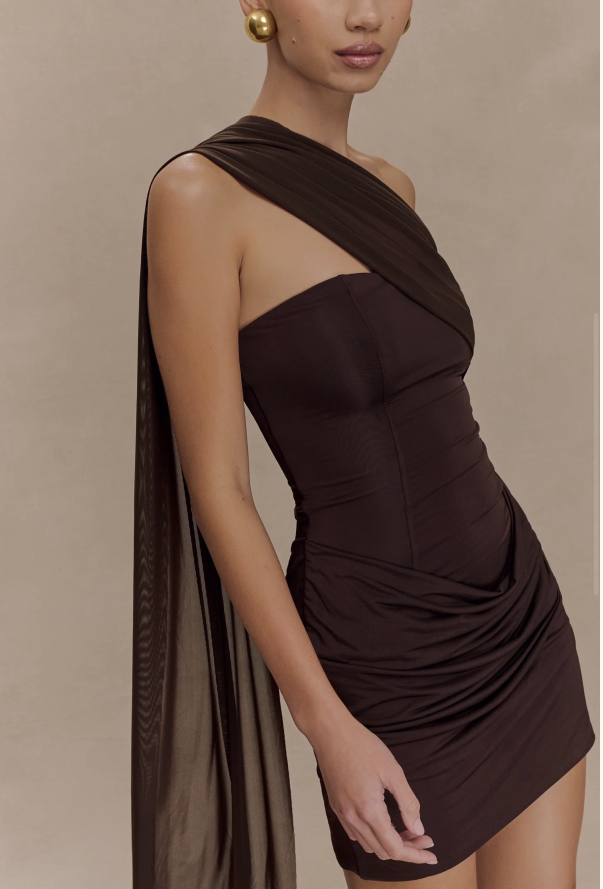 Mattea Slinky And Mesh Mini Dress With Scarf - Dark Chocolate 3