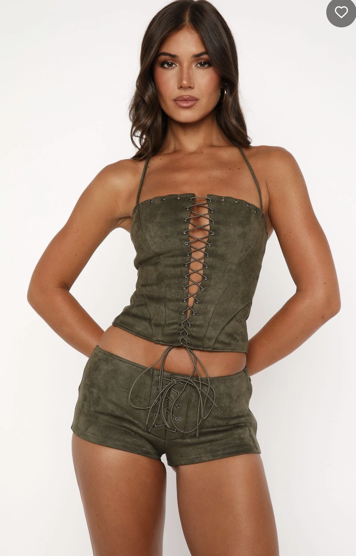 Don’t speak faux suede bustier and micro shorts in cactus