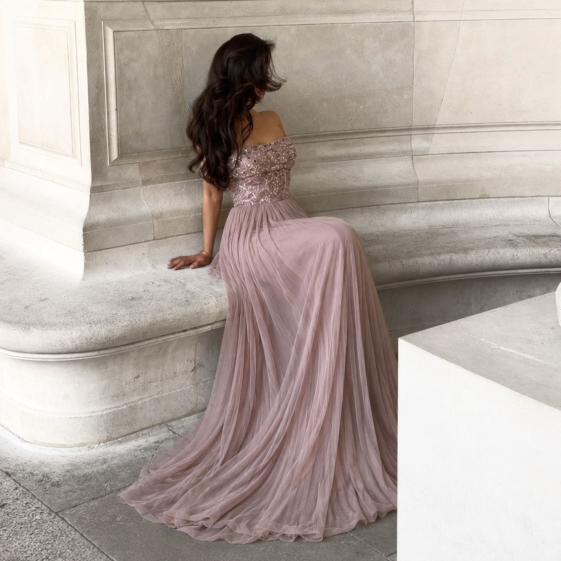 Off Shoulder Sequin Gown in Dusty Pink