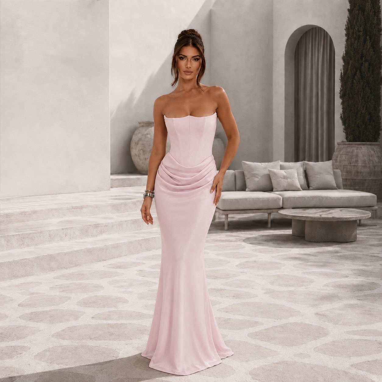 Persephone Strapless Corset Maxi Dress in Rose Shadow