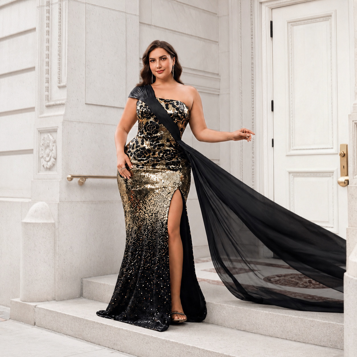 Mermaid One Shoulder Maxi Dress in Black Golden