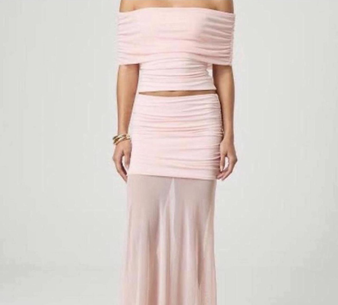 Off shoulder ruched maxi skirt set