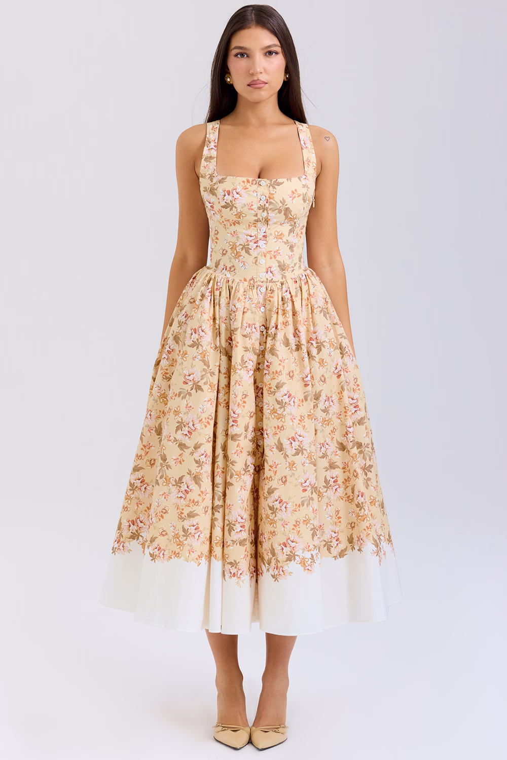 House of CB Alba in Honeyflower Print Gathered Cotton Midi Dress