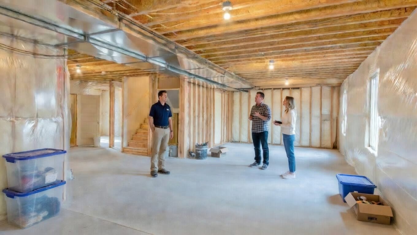 A BuildFlow project manager walking homeowners through their framed basement