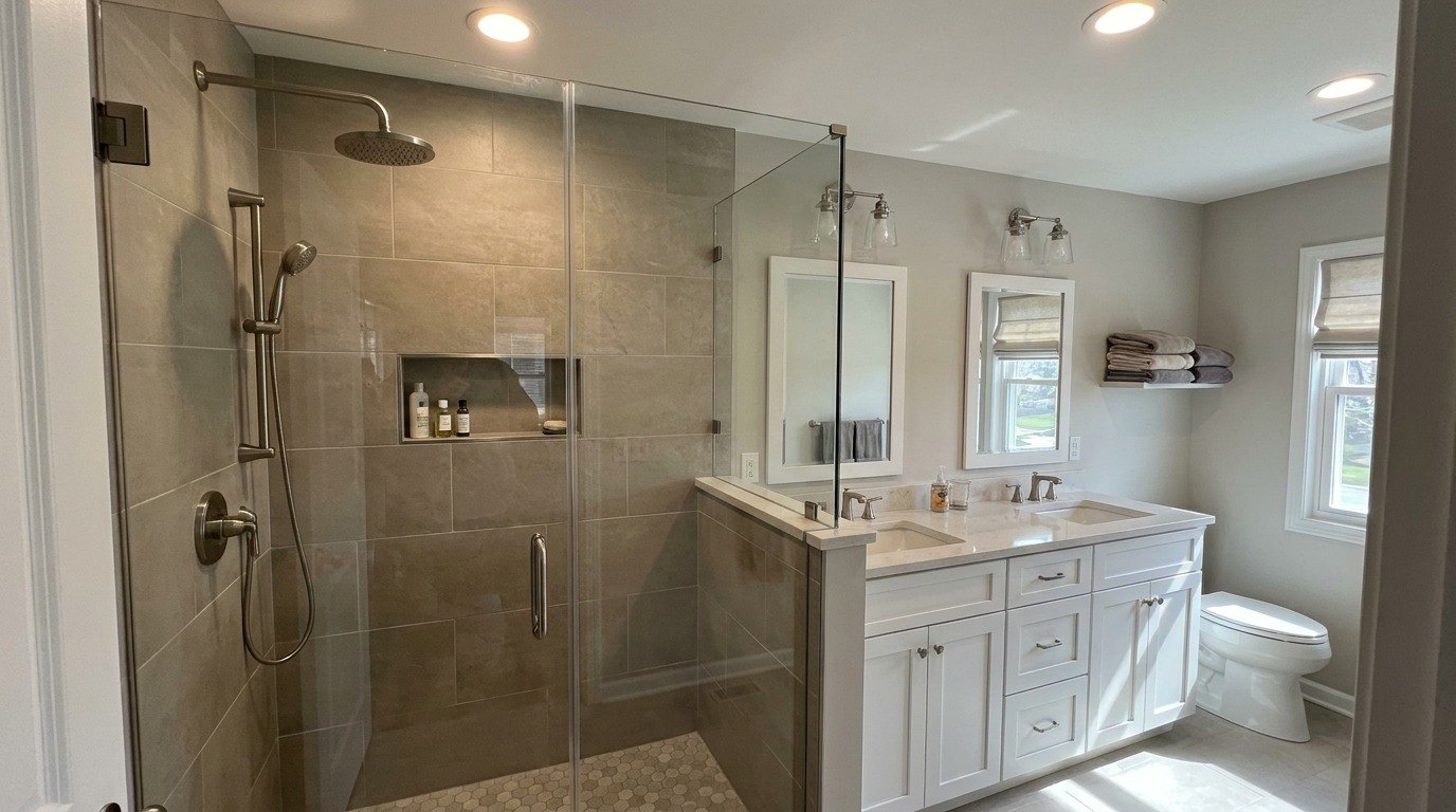 A bright bathroom with a glass walk-in shower and a double vanity, designed with Emma