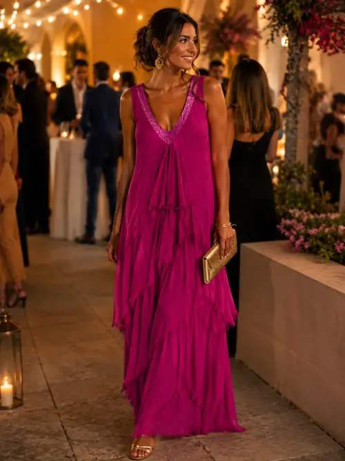 Vestido volantes rasgados  rosa fucsia 