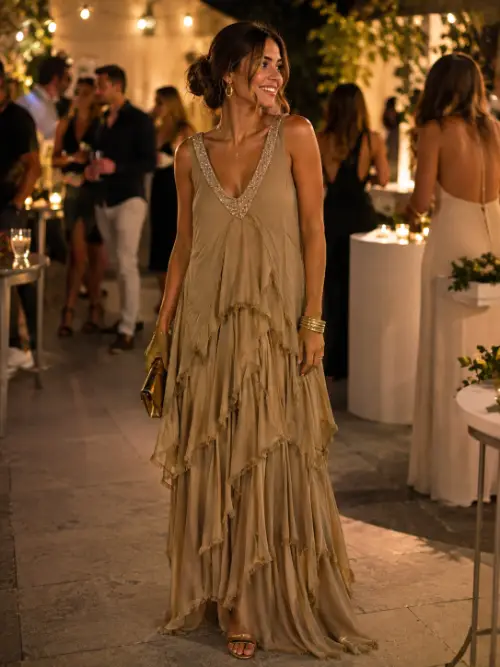 Vestido de volantes color champang 