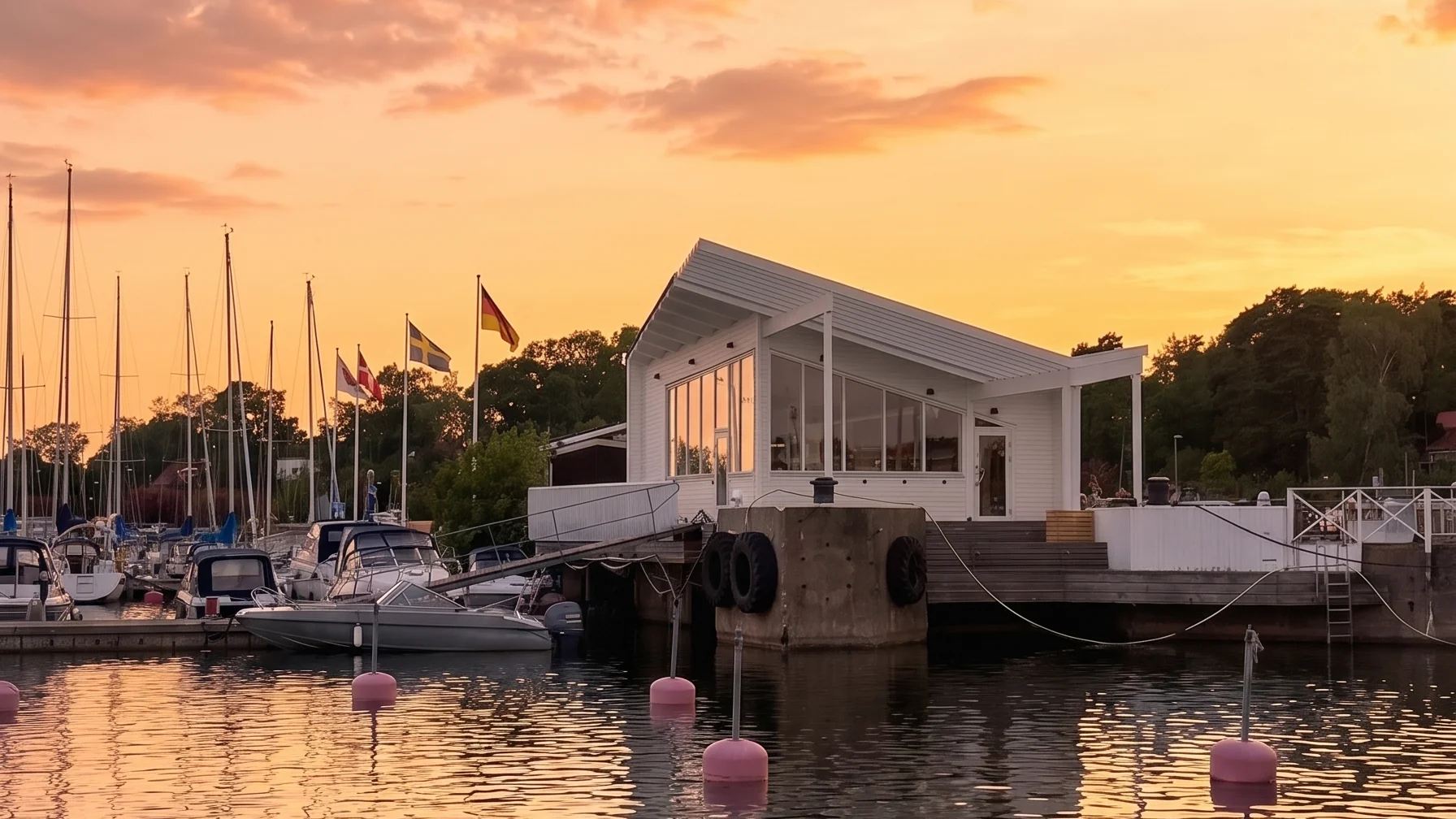 Oxelösund Guest Harbour at sunset, with the white harbour building, moored sailing and motor boats, and flagpoles along the quay