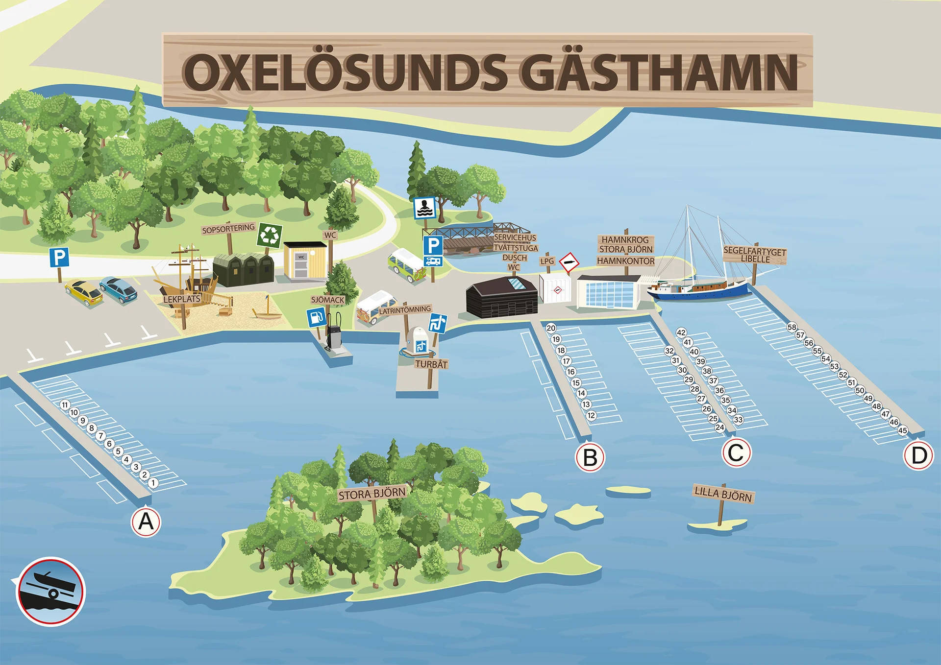 Map of Oxelösund Guest Harbour with marked boat berths and service areas