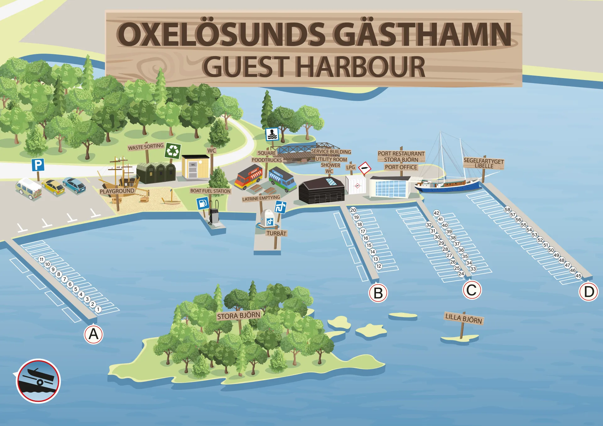 Karta över Oxelösunds Gästhamn med båtplatser och serviceområden markerade